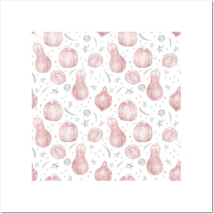 Pink Pumpkin Seamless Pattern with Grey Witchy Doodle Posters and Art
